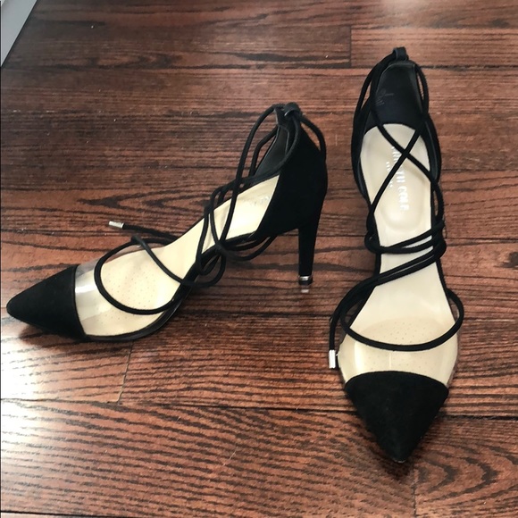 Black suede pumps with pvc toe detail and lace up - Picture 3 of 7